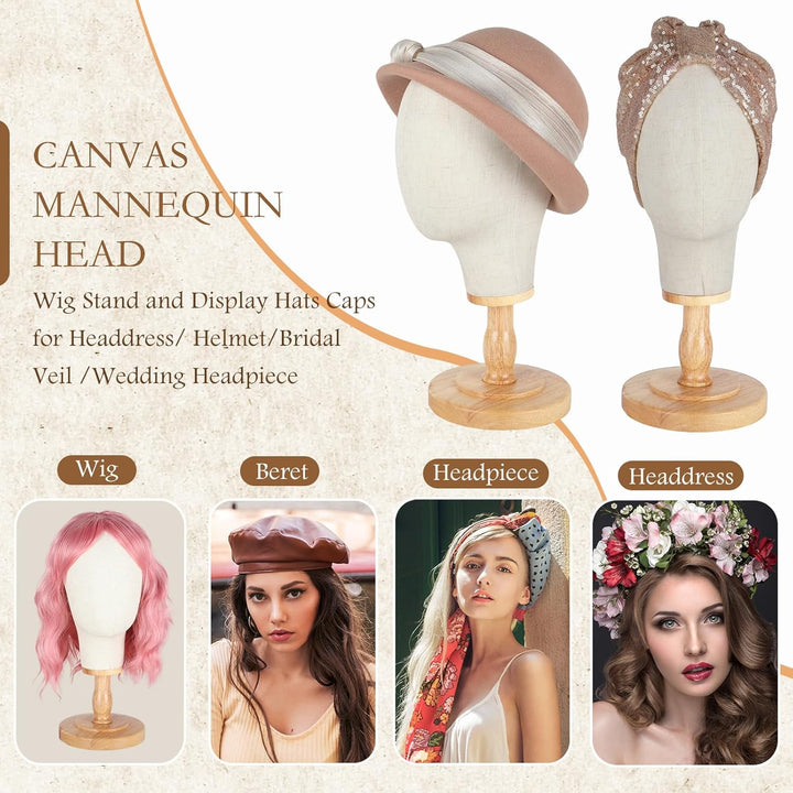 Canvas Wig Stand Mannequin Head for Hat Display, 21" Neutral Canvas Head with Detachable Wooden Base, Display Headdress Helmet Bridal Veil Wedding Headpiece Glasses Headdbands, Unpinnable