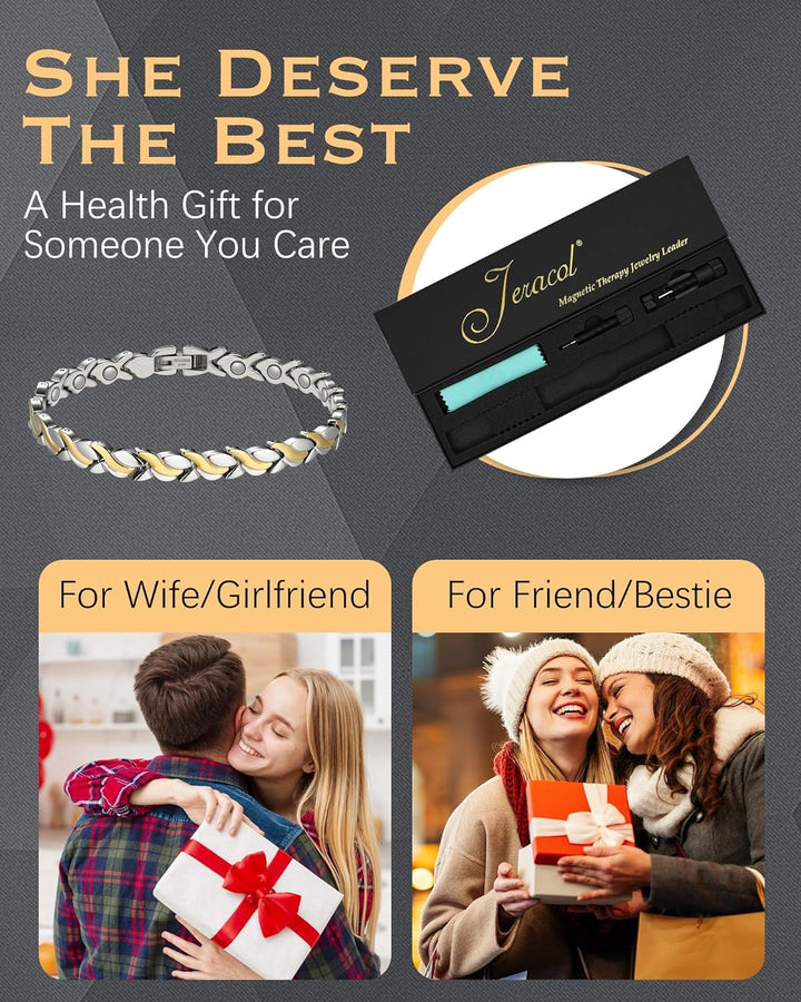 Magnetic Bracelets for Women,Titanium Steel Ladies Magnetic Bracelets,Adjustable Wristband Include Sizing Tool in Gift Box(Fish Tail Design-Silver Gold)