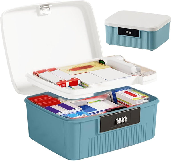 2 Layer Lockable Medicine Storage Box, 26X22X12Cm Medicine Box with Combination Lock, 9L Medicine Organizer Box with Removable Tray, Medication Storage Container for Home,School,Office(Blue)
