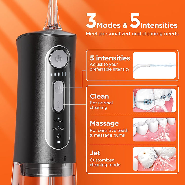 Water Dental Flosser for Teeth Cordless, Water Teeth Cleaner Picks for Cleaning with 3 Modes & 5 Intensities, Oral Irrigator with 6 Jet Tips, IPX7 Waterproof, USB Rechargeable, Black