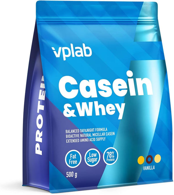 Vplab Casein & Whey Protein Powder, Casein and Whey Protein Powder Shake, Advanced Casein Protein Powder Formula, Low Sugar and Fat Free (Vanilla) Casein protein, Slow-digesting protein, Protein supplement, Protein powder, Muscle recovery protein, Fitness
