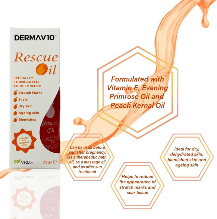 Derma V10 Rescue Oil, Reduce Appearance of Stretch Marks Scar Tissue, Dry, Dehydrated Skin, after Sun, Ageing, Blemishes, Clinically Tested, Paraben Free, Vegan Friendly, Made in the UK