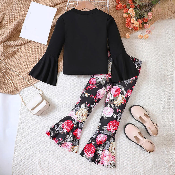 Toddler Girls Long Sleeve Black Tops and Floral Print Pants 2PCS Outfits Clothes Set for Children Kids