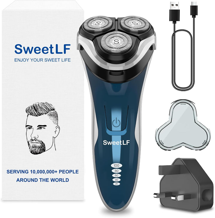 Electric Razor for Men, 120 Min Shaving, Fast UK Adapter (1H Charging),100% Waterproof, Wet & Dry Rotary Shavers for Men with Pop-Up Trimmer, LED Display, Dark Blue