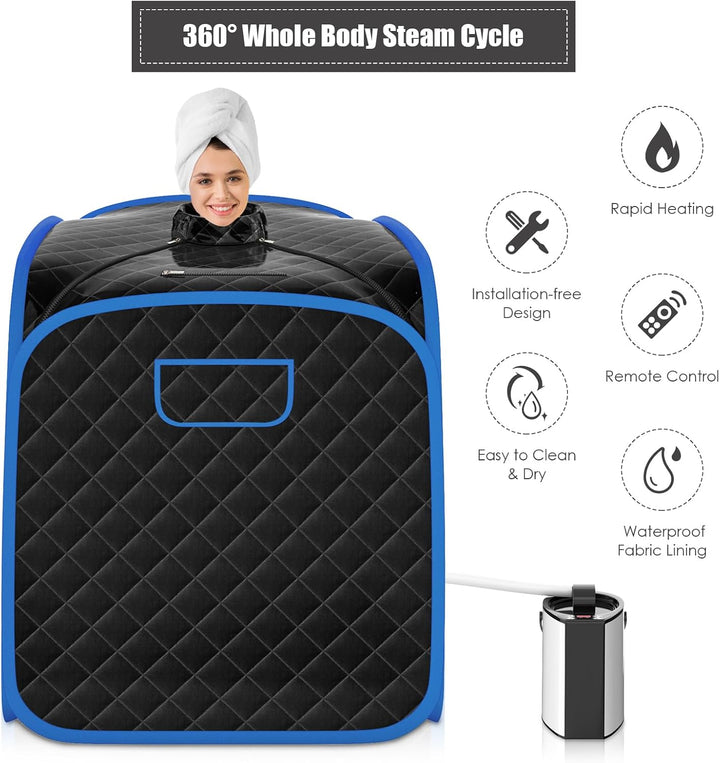 Portable Steam Sauna Tent, Folding Personal Full Body Spa Steam Pot with 9-Gear Adjustable Temperature & Timer, Remote Control, Chair, Home Saunas Spa for Relaxing Body Therapy Slimming (Black)