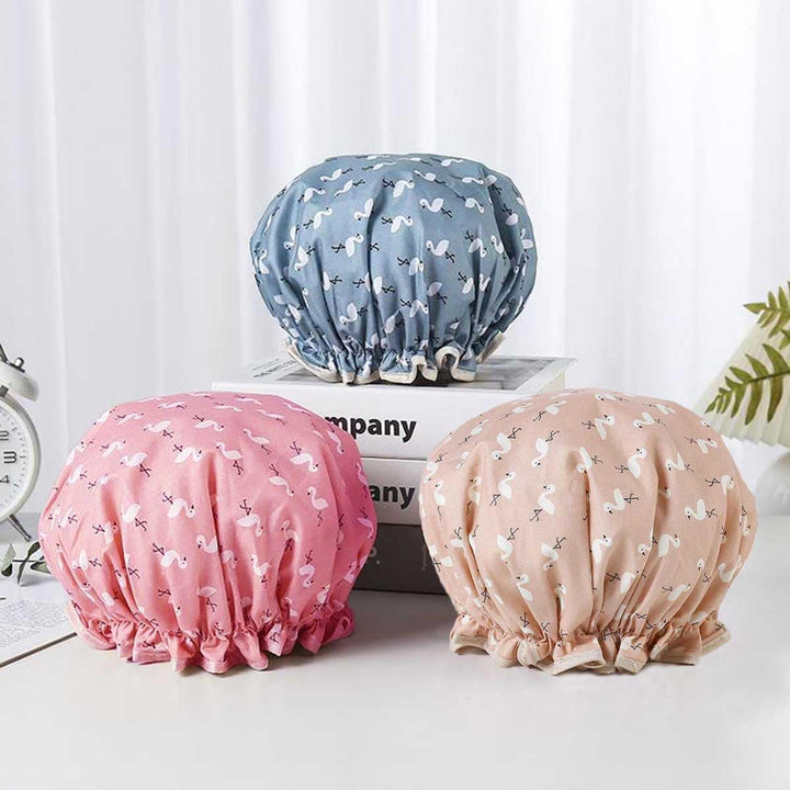 2 Pcs Bath Caps Elastic Band Double Layers Waterproof Shower Caps with Ruffled Edge Covering Ears Keeping Hair Dry Kitchen Oil-Proof Cap for Girls and Women
