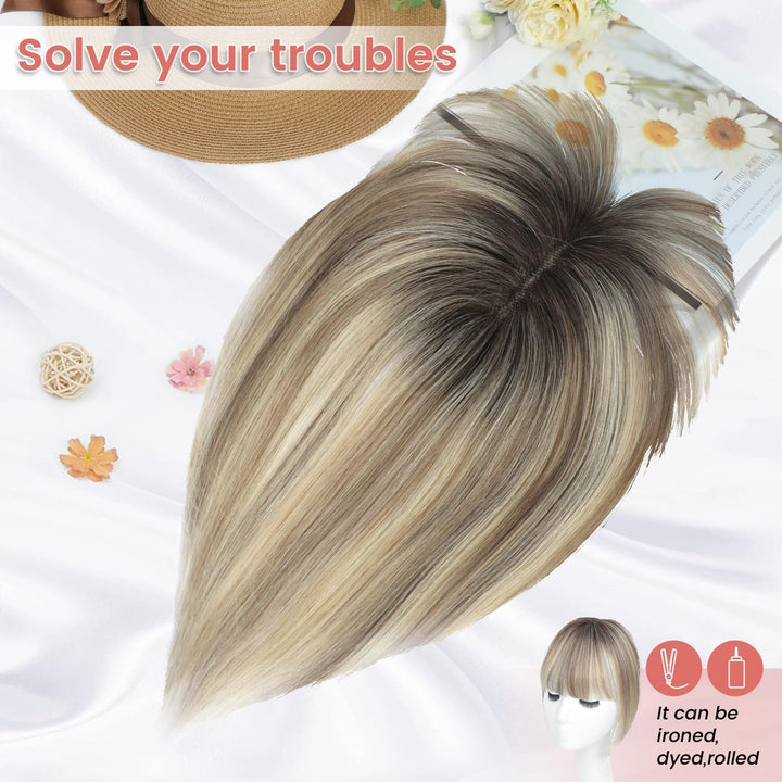 Hair Toppers for Women Human Hair Topper Clip in Fringe Hand-Woven Swiss Base Hair Topper (Ombre Light Brown with Blond Highlight)