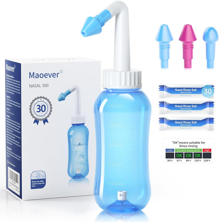 Neti Pot Sinus Rinse Bottle Nose Wash Cleaner Pressure Rinse Nasal Irrigation for Adult & Kid BPA Free 300 ML with 30 Nasal Wash Salt Packets and Sticker Thermometer(Blue)