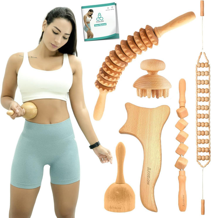 Wooden Massage Roller Stick - 12 Rollers - Curved Wood Therapy Massage Tool for Body Sculpting, Fascia Release and Lymphatic Drainage - by