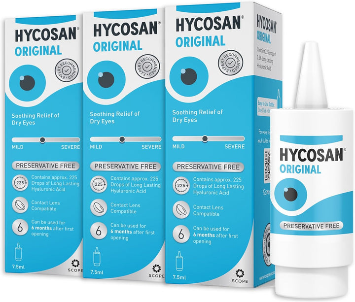 Hycosan Original - Triple Pack - Preservative Free Eyedrops - Sodium Hyaluronate 0.1% - Eye Drops for Mild to Moderate Dry Eye Symptoms and Contact Lens Irritation - 3X7.5Ml