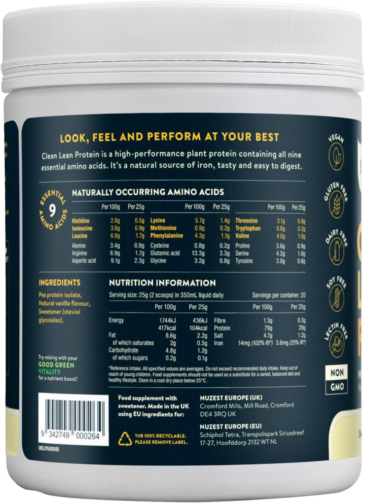 Vegan Protein Powders by  - Clean Lean Protein - Smooth Vanilla - Plant Based Pea Protein Shake - Low Calorie & Low Carb - Gluten Free - Dairy Free - 500G (20 Servings)