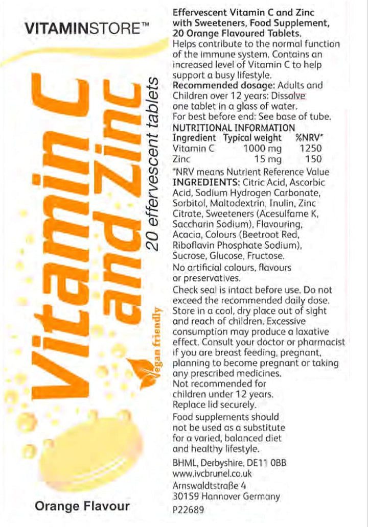 Vitamin C and Zinc Effervescent Tablets, Orange Flavoured, Suitable for Vegans, 6 Packs of 20