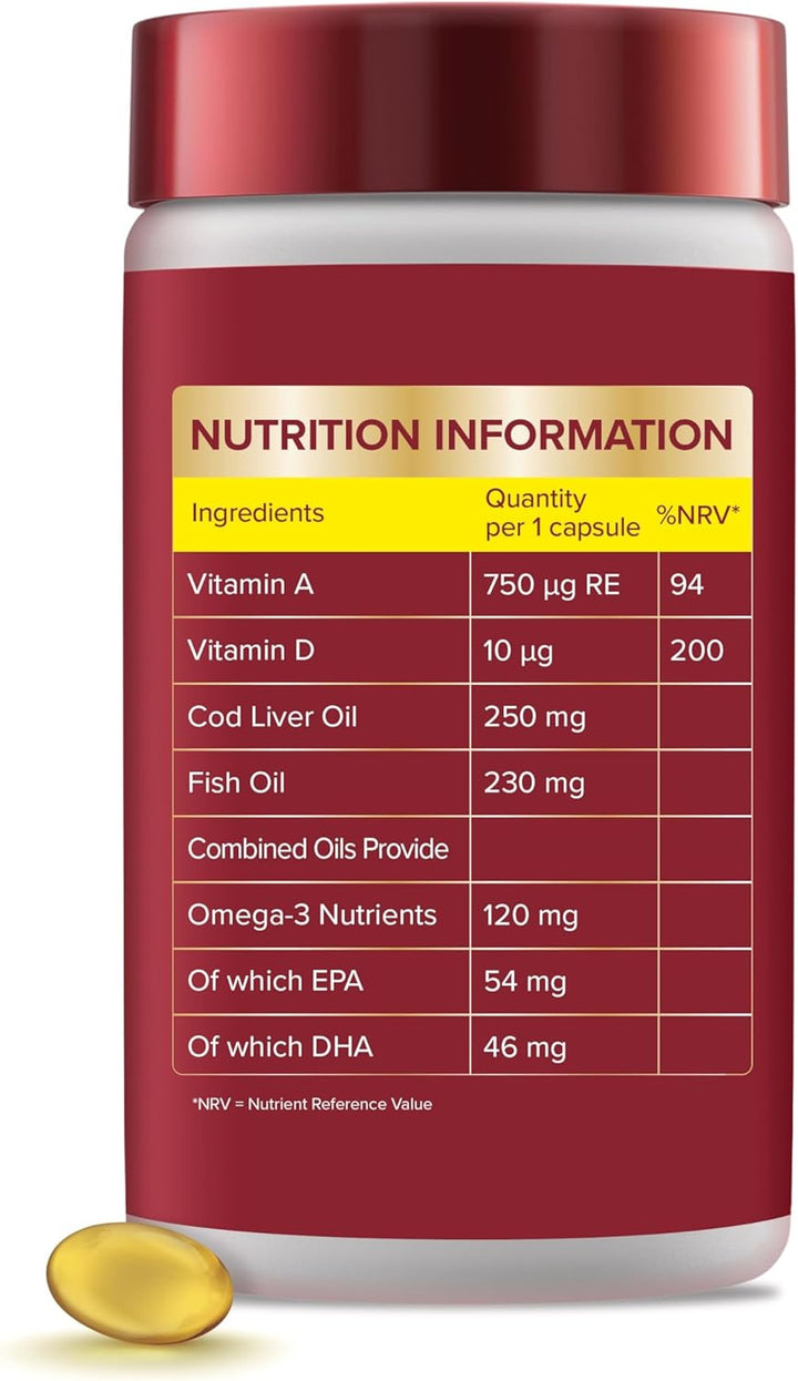 Cod Liver Oil One-A-Day Omega-3 Fish Oil and Vitamin D, 120 Capsules, 4 Months Supply