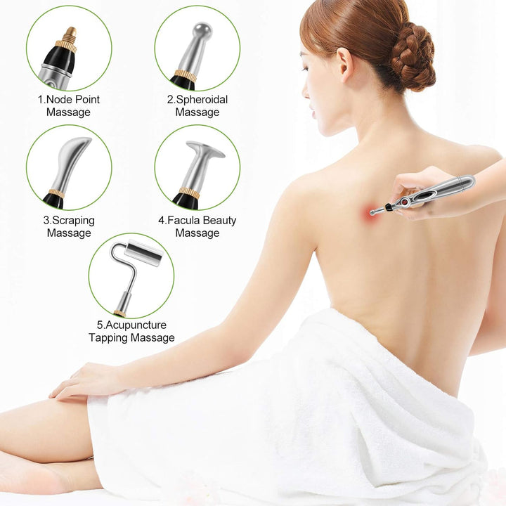 Acupuncture Energy Pen, Pulse Relief Massage Pen with 5 Massage Heads,Pain Relief Therapy Electric Meridians Acupuncture Machine Meridian Energy Pen for Pain Relief， Nine Power Levels