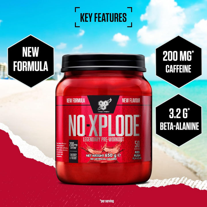 Nutrition N.O.-Xplode Pre Workout Powder Food Supplement, Energy and Focus Booster with Caffeine, Amino Acids, Vitamin C and Zinc, Red Rush Flavour, 50 Servings, 650 G