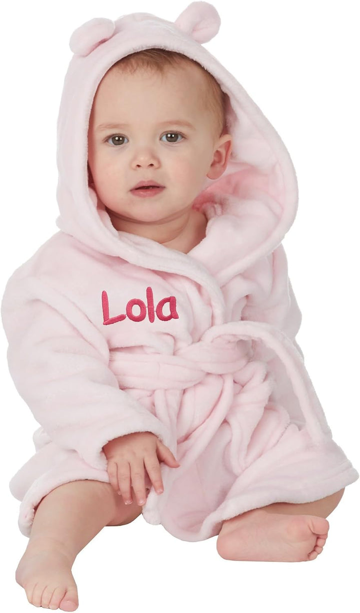 Personalised Baby Bathrobe Hooded Fleece Dressing Gown Super Soft Gifts Bath Robe for Boys Girls Cute Teddy Ears 0-4 Years