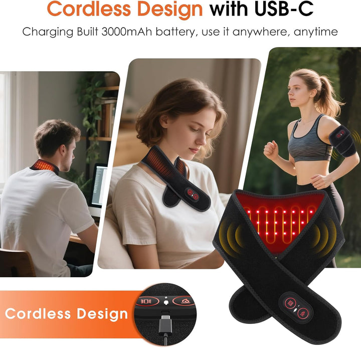 Neck Heating Pad for Pain, Cordless Neck Massager with Heat, Wrap with 660Nm 850Nm Red Light Heats, 3 Levels Heat & Massage Neck Warmer Brace