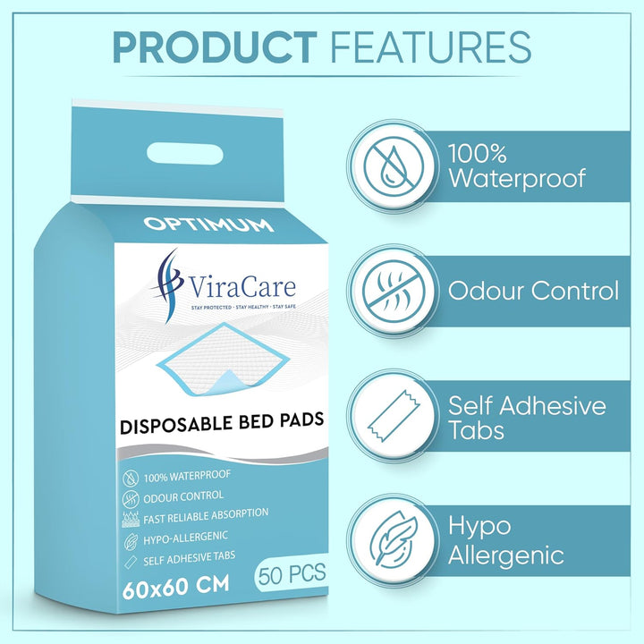 50 X Incontinence Bed Pads | 60 X 60 Cm | Incontinence Bed Sheets | Disposable Mattress Protector | Self Adhesive Tabs | Absorbent Pads | (1 Packs of 50)