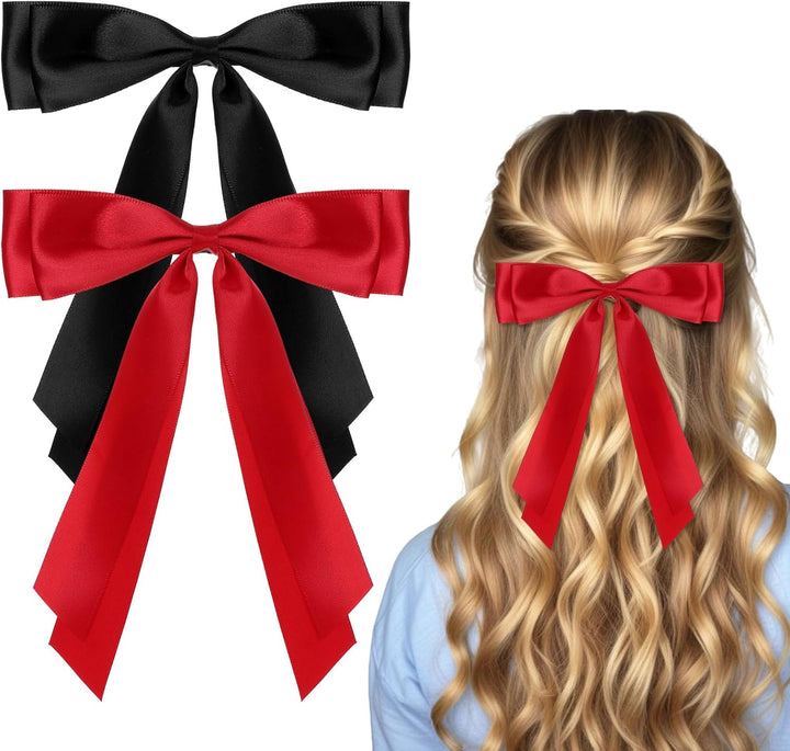 2 Pcs Red Hair Bow, Satin Bows Red Hair Ties, Large Double Satin Ribbon Hair Clips Red Accessories for Holiday Party Women Girls Ponytail Holder