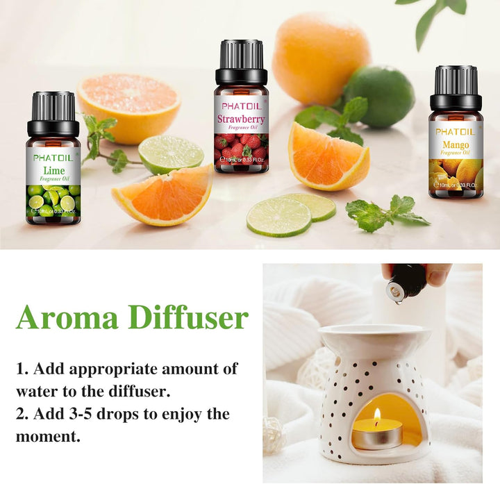 Fruity Fragrance Essential Oil Set, Coconut, Cherry, Apple, Strawberry, Mango Scents Oils for DIY Soap Candle Making, Diffuser Oil Set for Home Office Car Aromatherapy, 10 Pcs X 10Ml