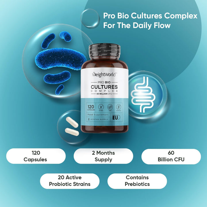 Bio Cultures Complex Probiotics & Prebiotics - 60 Billion CFU - 2 Months Supply - 120 Capsules - 20 Live Bio Cultures - Lactobacillus & Bifidobacterium Strains - Vegan Probiotic Complex Capsules