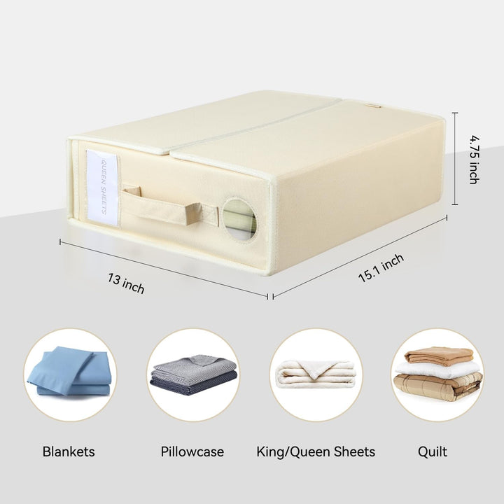 4 Pack Foldable Bed Sheet Organiser Storage, Folding Bedding Organizer Box with Clear Window and Zip for Sheets, Duvet Covers, Blankets, Pillows, Clothes and Towels(Queen & King Size), Apricot