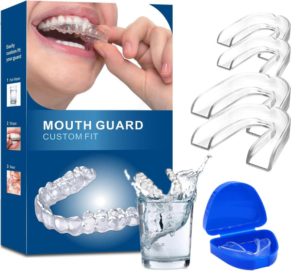 4 Pack Mouth Guard for Teeth Grinding & Bruxism – Custom Moldable Night Guard for Adults & Kids, Stops Clenching & Snoring, Reusable Sleep Gum Shield with Travel Case