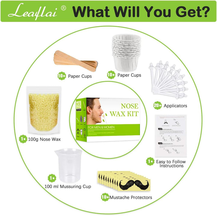 Nose Wax Kit for Men and Women, Nose Hair Removal Wax with 100G Nasal Hair Wax 20 Safe Tip 10 Wooden Applicators, 10 Containers and 10 Moustache Stencils,Painless, Easy and Quick