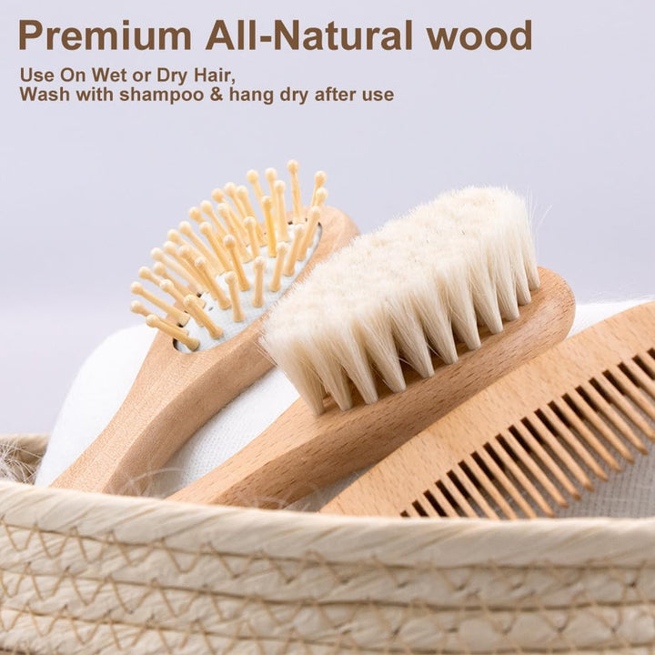 Personalized Baby Hair Brush and Comb Set for Newborn -  Wooden Toddler Hair Brush Set with Soft Goat Bristle, Baby Brush Set for Newborn, Toddler Cradle Cap Brush Perfect Baby Registry (A)