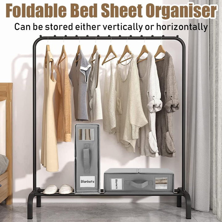 Bed Sheet Organiser Storage, Bedding Organiser Folder Box, Foldable Bedsheet Organiser Boxes Container for Linen Closet King Queen Size Sheet Duvet Cover Blanket Organisation with Zips, Grey, 2 Pack