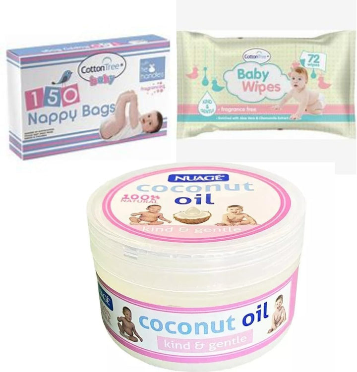 Demotologist Tested Baby Essentials – 100% Natural Coconut Oil, Baby Wipes, Baby Oil, Nappy Bags, Comb & Brush Set + Omoge Pen | Newborn Skincare | Gentle & Mild for Delicate Skin