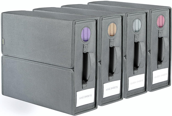 4 Pack Foldable Bed Sheet Organiser Storage, Folding Bedding Organizer Box with Clear Window and Zip for Sheets, Duvet Covers, Blankets, Pillows, Clothes and Towels(Queen & King Size), Apricot