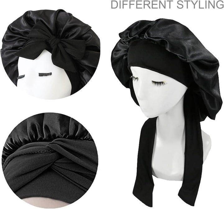 Silk Bonnet,Adjustable Satin Hair Bonnet,Soft and Comfortable Silk Sleep Cap(Black)