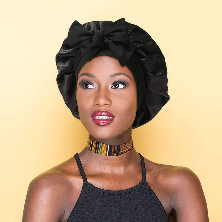 2PCS Satin Bonnet, Silk Bonnet Hair Wrap for Sleeping, Hair Bonnet for Bath, Tie Band for Women Long Curly Braid Hair (Black, Pink)