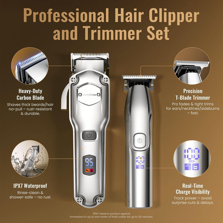 Jack&Rose Hair Clippers Men and Trimmers Set, IPX7 Waterproof Cordless Hair Clippers for Men Haircut, Electric Barber Clippers Set T-Blade Hair Trimmer USB Rechargeable