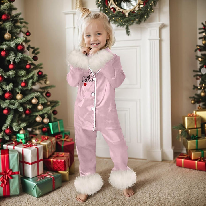 Children Cute Print Casual Comfort Pajamas Set Long Sleeve Shirt Trousers Two Sets Artificial Christmas Tree