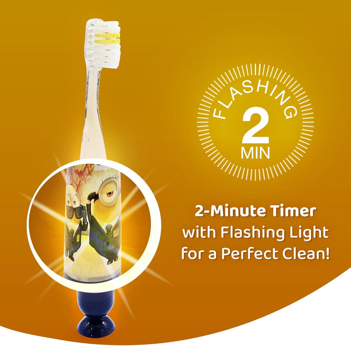 Despicable Me Minions Flashing Toothbrush for Kids with 2 Minute Flashing Light, Comfortable Handle Grip, Soft Rounded Bristles and Suction Cup for Upright Storage for Children Ages 3+