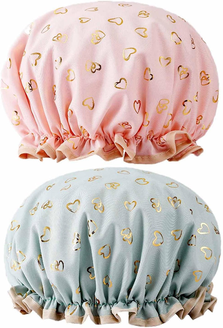 2 Pcs Bath Caps Elastic Band Double Layers Waterproof Shower Caps with Ruffled Edge Covering Ears Keeping Hair Dry Kitchen Oil-Proof Cap for Girls and Women