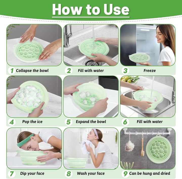 Silicone Ice Bowl for Face with Hairband,Collapsible Facebowl with Built-In Icetray,Washbowls for Facial Ice Bath,Portable Silicone Wash Basin for Facial Cleansing & Beauty,Home Travel Use(Green)