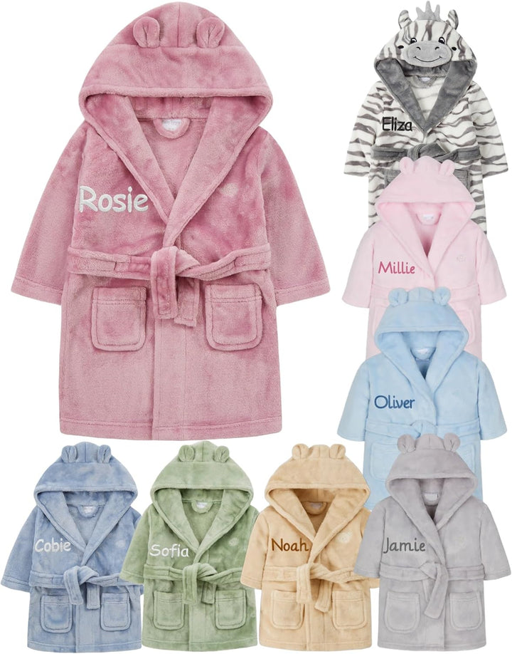 Personalised Baby Bathrobe Hooded Fleece Dressing Gown Super Soft Gifts Bath Robe for Boys Girls Cute Teddy Ears 0-4 Years