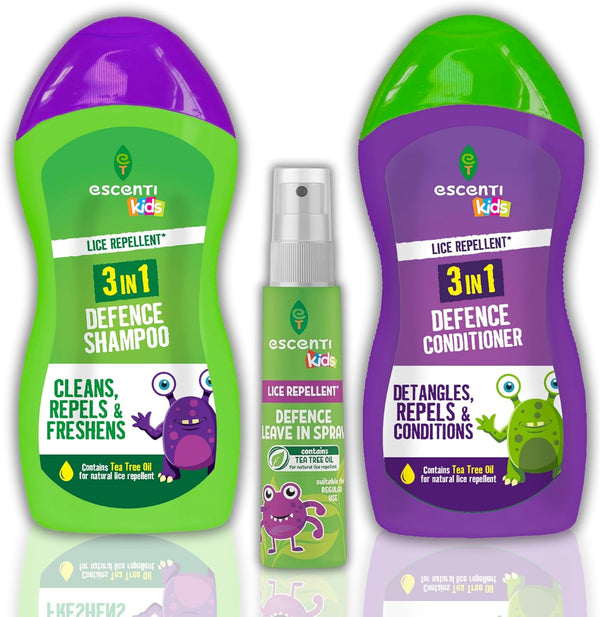 Escenti Kids Head Lice Treatment Defense Kit: Head Lice Shampoo, Tea Tree Conditioner & Leave-In Head Lice Prevention Spray for Kids Bundle by