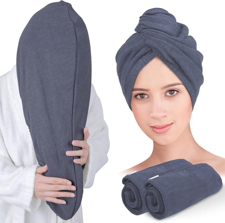 Microfibre Hair Towel Wrap: 2Pack Hair Turban Super Absorbent Rapid Drying Microfiber Towel for Women Curly Long Wet Plopping Hair Girls Head Towelling Large Anti-Frizz (Haze Blue)