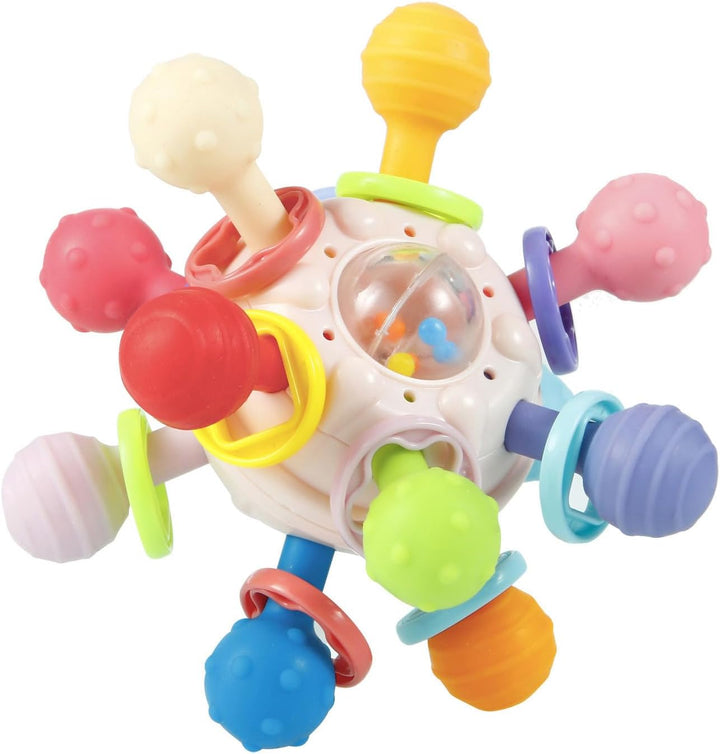 Baby Sensory Toys for 0-6 Months, Silicone Teething Toy with Grasping Activity, Infant Rattle Teether, BPA Free