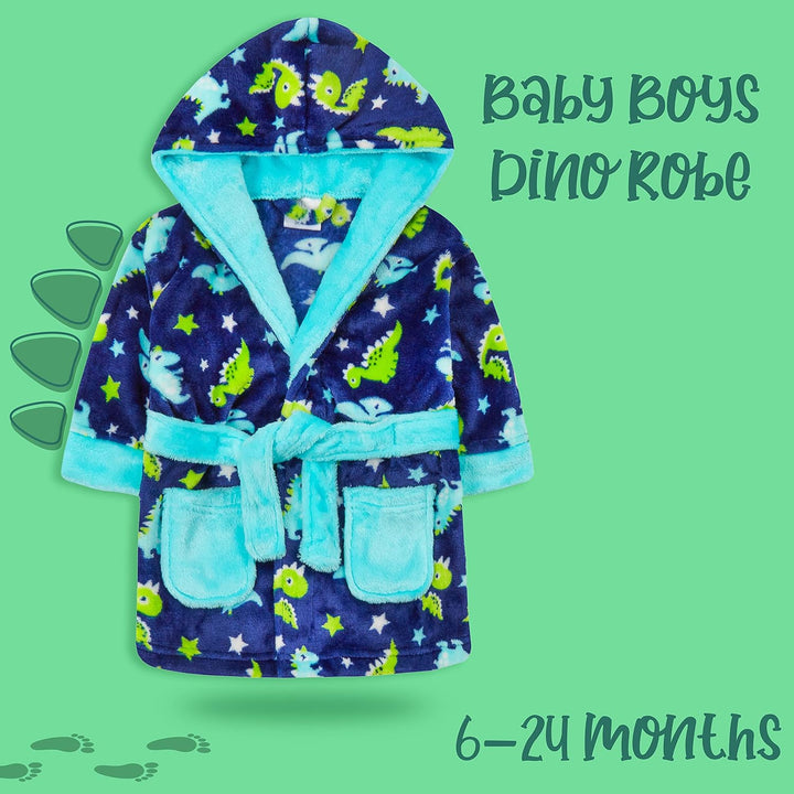Baby Boys Dino Dressing Gown Hooded Bathrobe Kimono Robe Dinosaur Print Size 6-24 Months