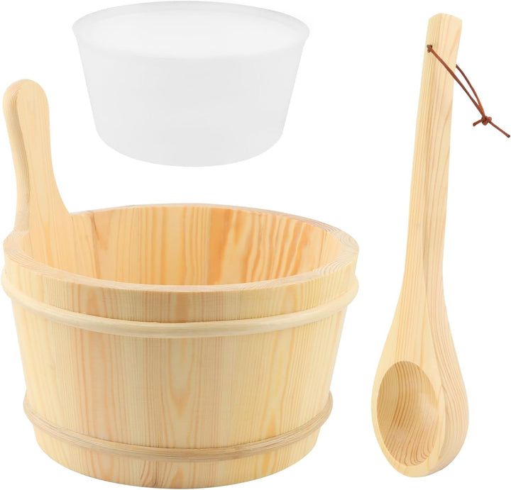 Wooden Bucket and Ladle Set,4L Capacity Sauna Water Bucket,With Handle and Plastic Insert,Wood Ladle Kit Barrel Set Accessories,For Home-Sauna/Steam Room
