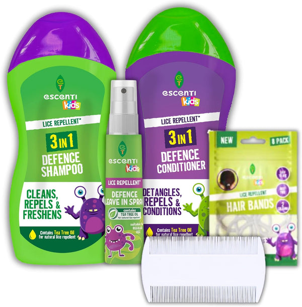 Escenti Kids Head Lice Prevention Bundle: Head Lice Shampoo, Tea Tree Conditioner, Leave-In Nit Repellent Spray for Kids with Tea Tree, Lice Bands 8Pk & Nits Comb - Complete Lice Treatment Kit by GBH