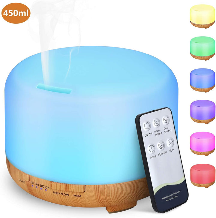 Essential Oil Diffuser 450Ml, Electric Aroma Ultrasonic Aromatherapy Fragrant Oil Vaporizer Humidifier, Purifies the Air, Timer and Auto-Off Safety Switch, 7 LED Light Colors (Light Brown)