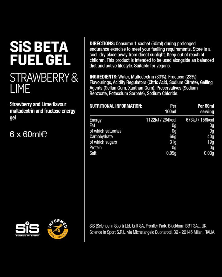 Beta Fuel Gels Dual Source Energy Gel, Strawberry and Lime Flavour, 40 G of Carbs per Pack, 60 Ml Pack (6 Pack)