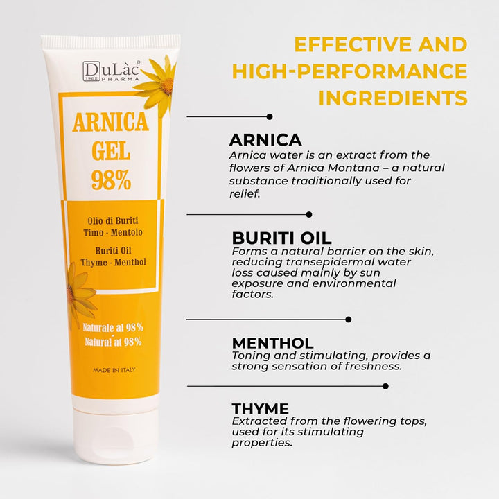 Dulàc, 98% Arnica Gel with Buriti Oil, Thyme and Menthol, for Massaging the Skin of Muscles and Joints, Dermatologically Tested, Nickel Tested, Made in Italy, 100 Ml