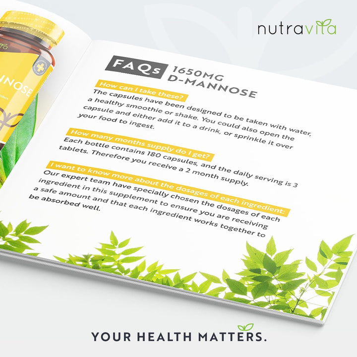 D-Mannose 1650Mg High Strength Capsules – 180 Vegan Friendly Capsules (Not Tablets) – 100% Natural Premium D Mannose Supplement – Made in the UK by